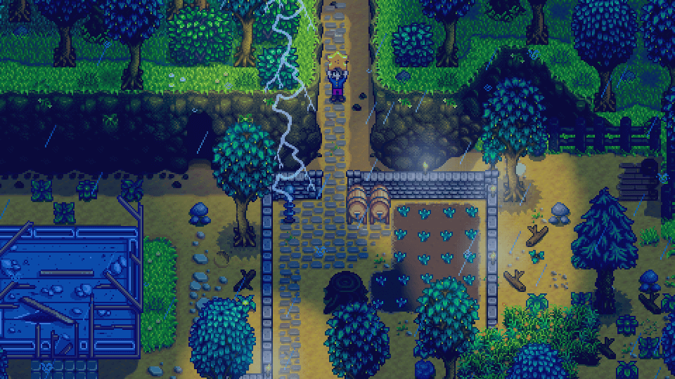 Stardew Valley screenshot showing rain and thunder around a shambled and unkempt farm land